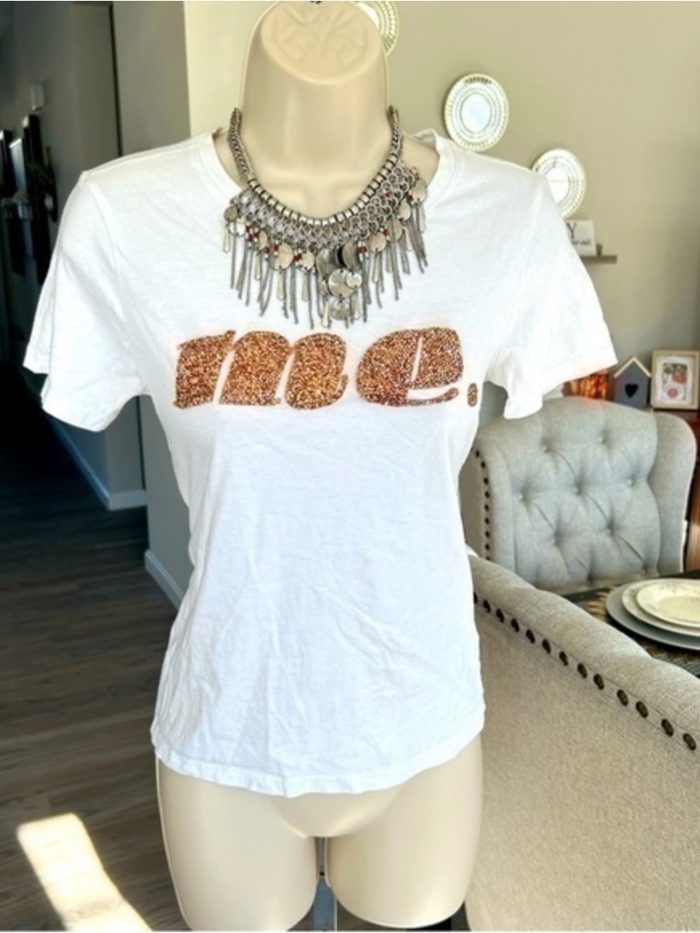 ✨H&M White Short-Sleeve Tee with Copper Sequin 'nice.' Graphic